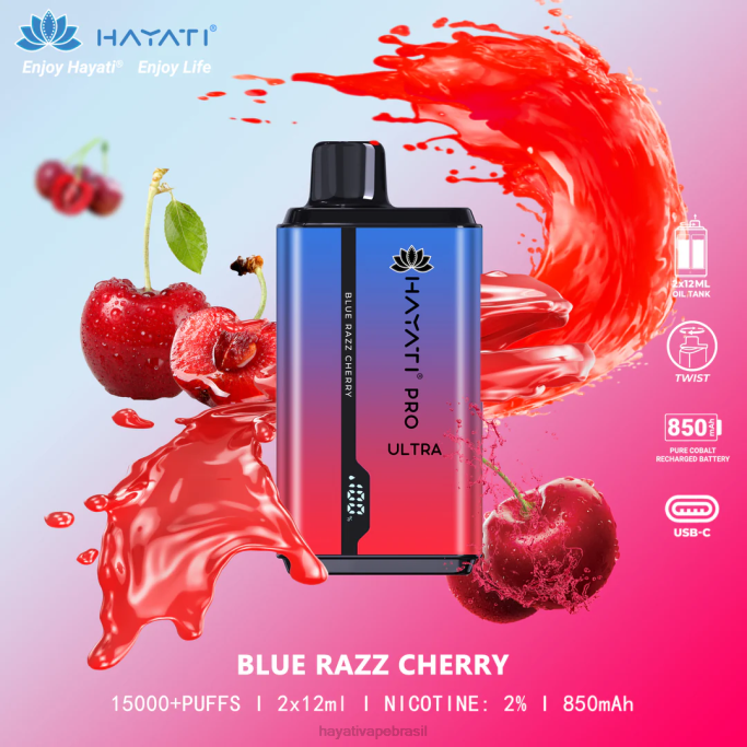 Hayati Vape Brasil - Hayati Pro Ultra 15.000 baforadas descartáveis H0PN193 cereja razz azul