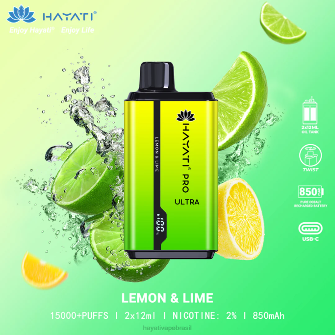 Hayati Vape Brasil - Hayati Pro Ultra 15.000 baforadas descartáveis H0PN203 limão