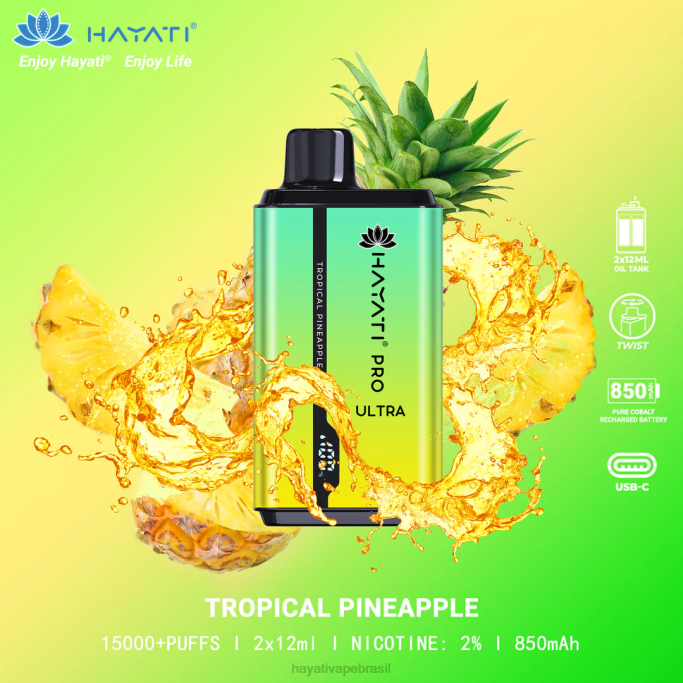 Hayati Vape Brasil - Hayati Pro Ultra 15.000 baforadas descartáveis H0PN213 abacaxi tropical