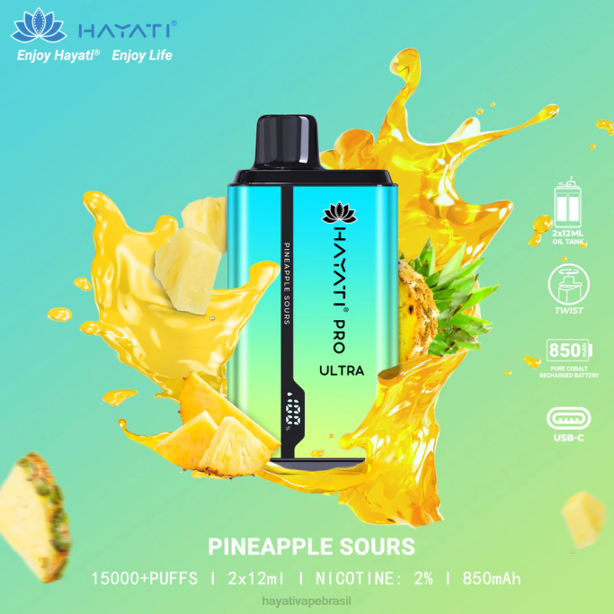Hayati Vape Brasil - Hayati Pro Ultra 15.000 baforadas descartáveis H0PN223 abacaxi azedo