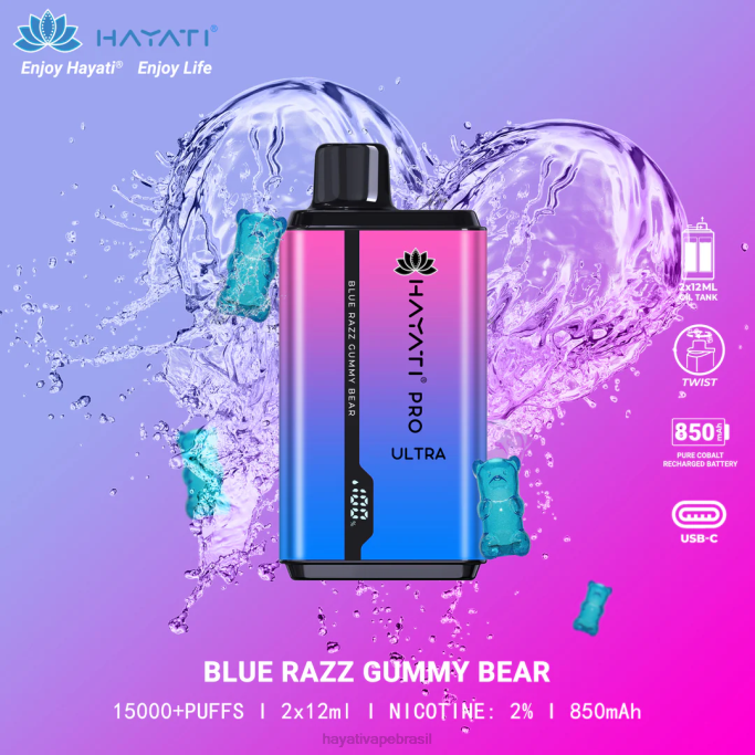 Hayati Vape Flavours - Hayati Pro Ultra 15.000 baforadas descartáveis H0PN194 ursinho de goma razz azul
