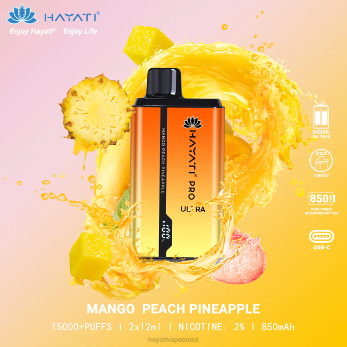 Hayati Vape Flavours - Hayati Pro Ultra 15.000 baforadas descartáveis H0PN204 manga pêssego abacaxi