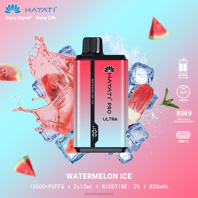 Hayati Vape Flavours - Hayati Pro Ultra 15.000 baforadas descartáveis H0PN214 gelo de melancia