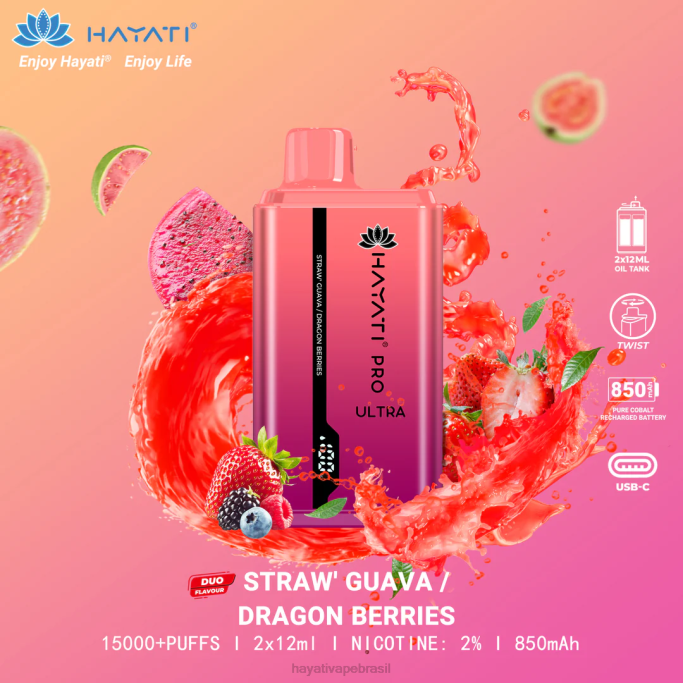 Hayati Vape Flavours - Hayati Pro Ultra 15.000 baforadas descartáveis H0PN224 morango goiaba/bagas de dragão