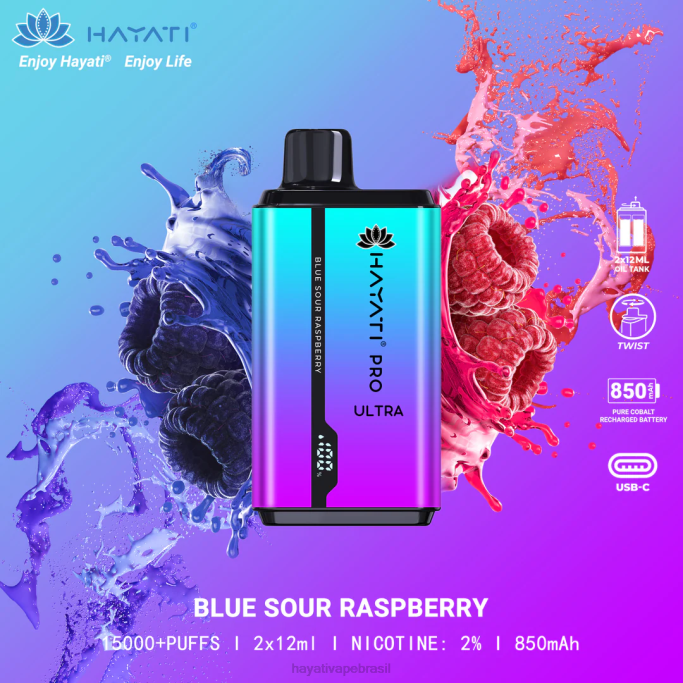 Hayati Vape Liquid - Hayati Pro Ultra 15.000 baforadas descartáveis H0PN195 framboesa azeda azul