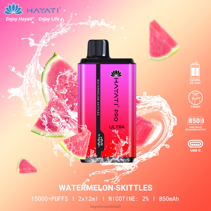 Hayati Vape Liquid - Hayati Pro Ultra 15.000 baforadas descartáveis H0PN215 bolinhos de melancia