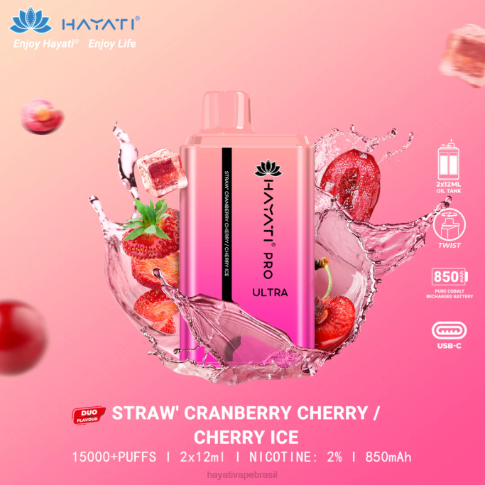 Hayati Vape Liquid - Hayati Pro Ultra 15.000 baforadas descartáveis H0PN225 morango, cranberry, cereja, gelo, cereja