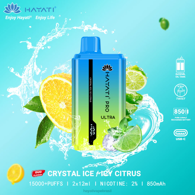 Hayati Vape Near Me - Hayati Pro Ultra 15.000 baforadas descartáveis H0PN218 gelo cristalino/cítrico gelado