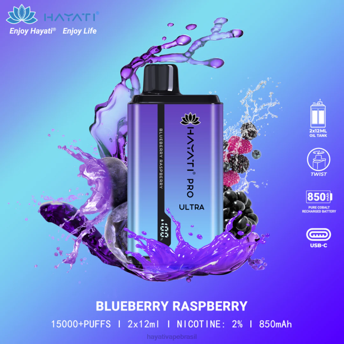 Hayati Vape Review - Hayati Pro Ultra 15.000 baforadas descartáveis H0PN196 framboesa mirtilo