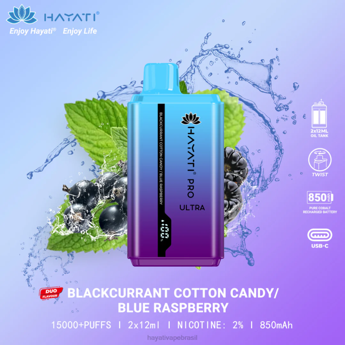 Hayati Vape Review - Hayati Pro Ultra 15.000 baforadas descartáveis H0PN216 algodão doce de groselha/framboesa azul