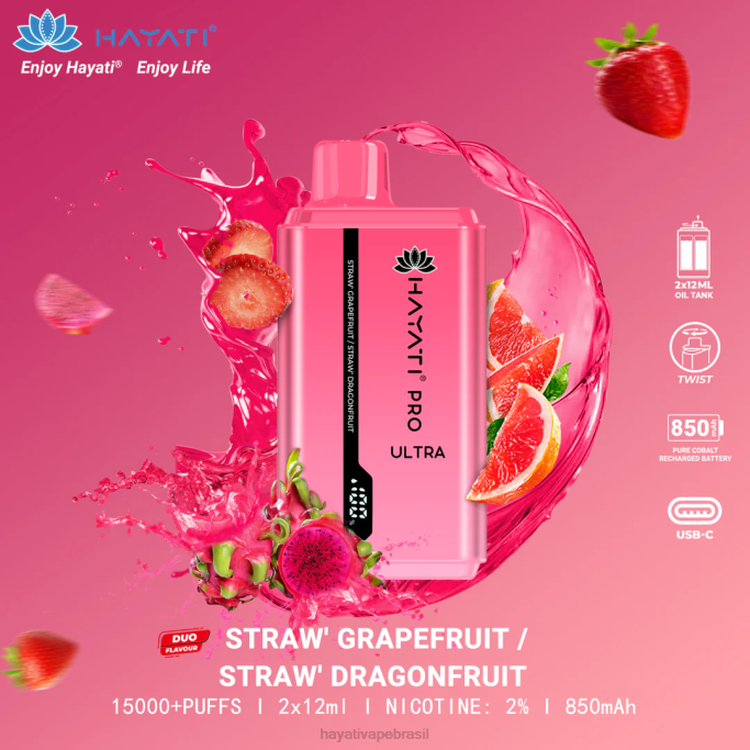Hayati Vape Review - Hayati Pro Ultra 15.000 baforadas descartáveis H0PN226 toranja morango/dragão morango