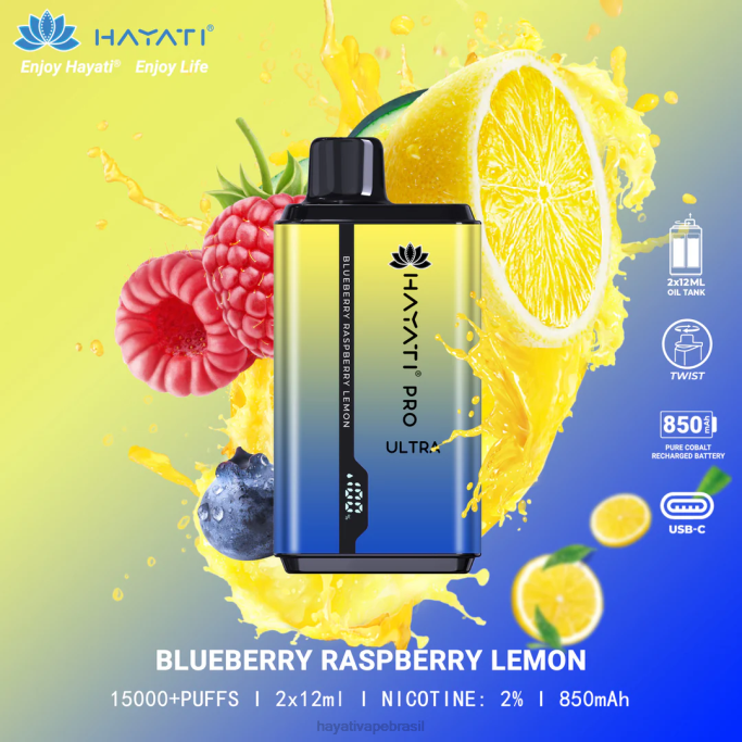 Hayati Vapes Wholesale - Hayati Pro Ultra 15.000 baforadas descartáveis H0PN197 mirtilo framboesa limão