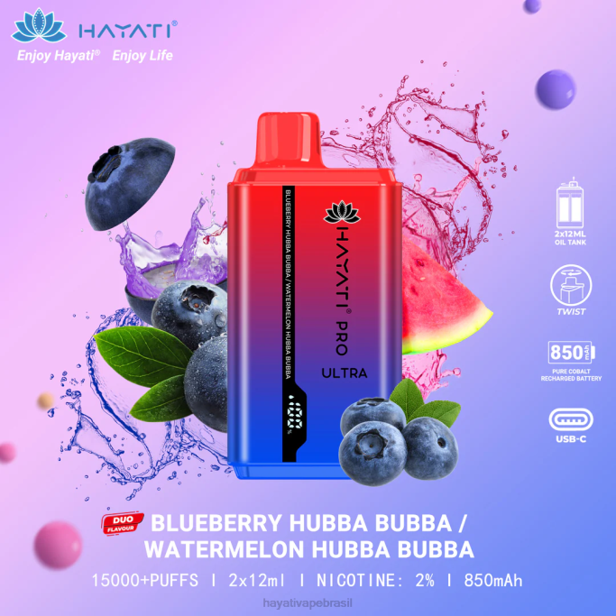 Hayati Vapes Wholesale - Hayati Pro Ultra 15.000 baforadas descartáveis H0PN217 mirtilo hubba bubba/melancia hubba bubba