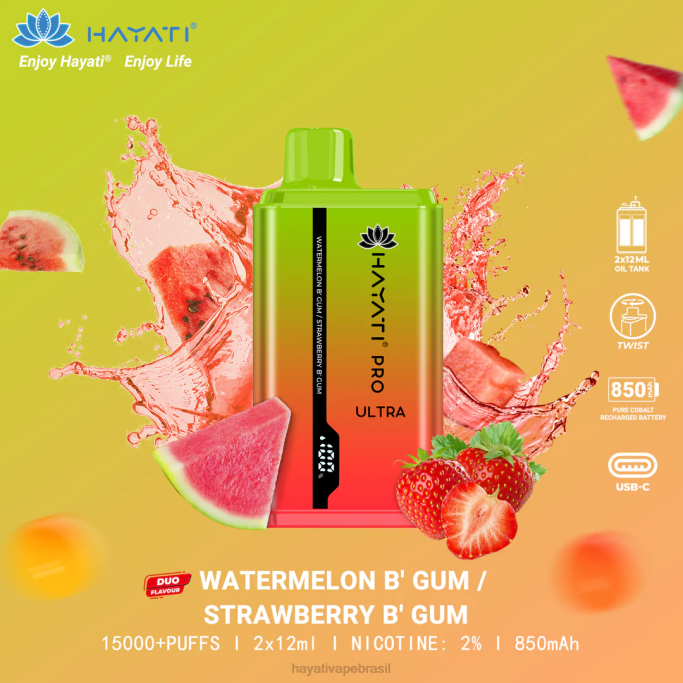 Hayati Vapes Wholesale - Hayati Pro Ultra 15.000 baforadas descartáveis H0PN227 chiclete de melancia/chiclete de morango