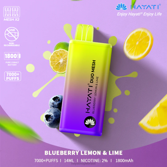 Hayati Vape Liquid - Hayati Duo Mesh descartável H0PN165 mirtilo, limão e lima