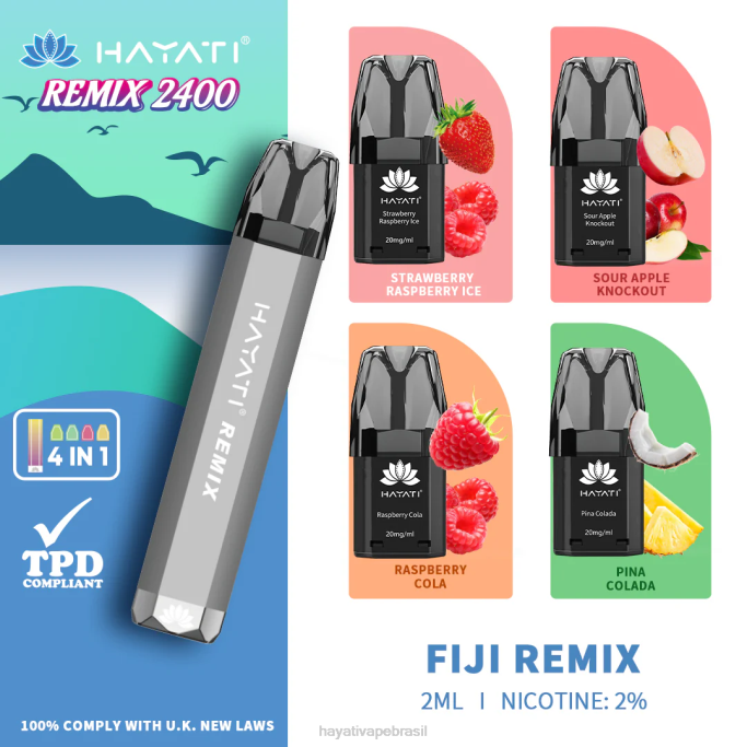 Hayati Vape Brasil - Hayati Remix sistema de cápsulas pré-preenchidas 2.400 baforadas H0PN53 remix de fiji