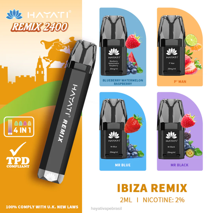 Hayati Vape Liquid - Hayati Remix sistema de cápsulas pré-preenchidas 2.400 baforadas H0PN55 remix de ibiza