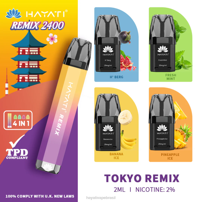 Hayati Vape Near Me - Hayati Remix sistema de cápsulas pré-preenchidas 2.400 baforadas H0PN58 remix de Tóquio